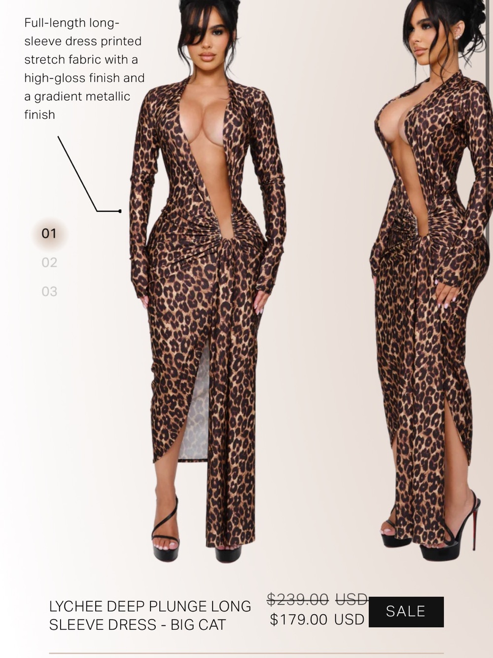 Deep Plunge Long Sleeve Leopard Print Maxi Dress - Brown